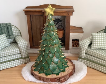 Polymer Clay Christmas Tree in Greens with Gold Accents with Tea Light for 1:12 Scale dollhouse