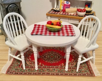 White Round Table and Two Chairs with Reversible Placemat and Bowl of Fruit for 1:12 Scale Dollhouse (additional chairs available)