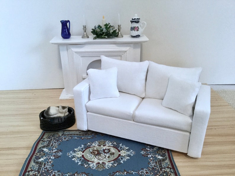 Modern White Couch with Two Pillows for 1:12 Scale Dollhouse image 1
