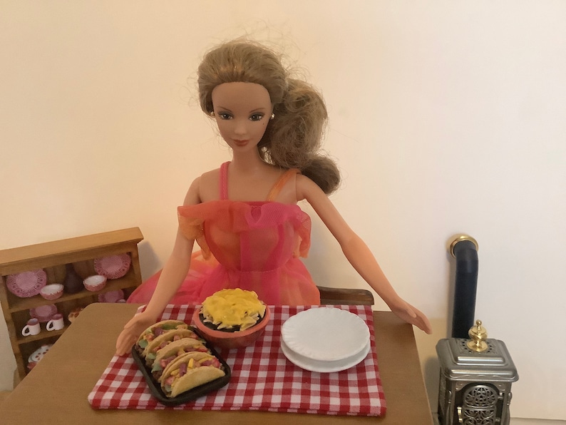 Taco Dinner with Playable Tacos a Bowl of Nachos and Two Plates for 1:12 Scale Dollhouse or 1-6 Size fashion doll size image 6