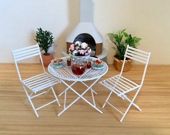 White Wire Table, Two Chairs, Centerpiece, Salads, and Drinks for 1:12 Scale Dollhouse