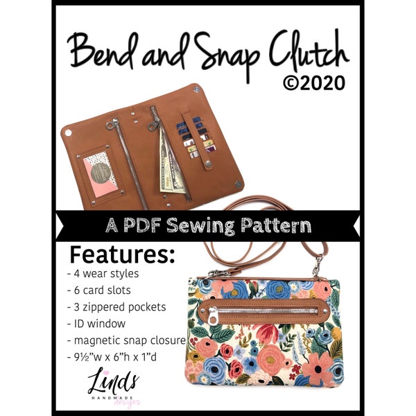 Bend and Snap Clutch PDF Sewing pattern, 4 in 1 purse, diy clutch, small crossbody bag pattern, Linds handmade Designs