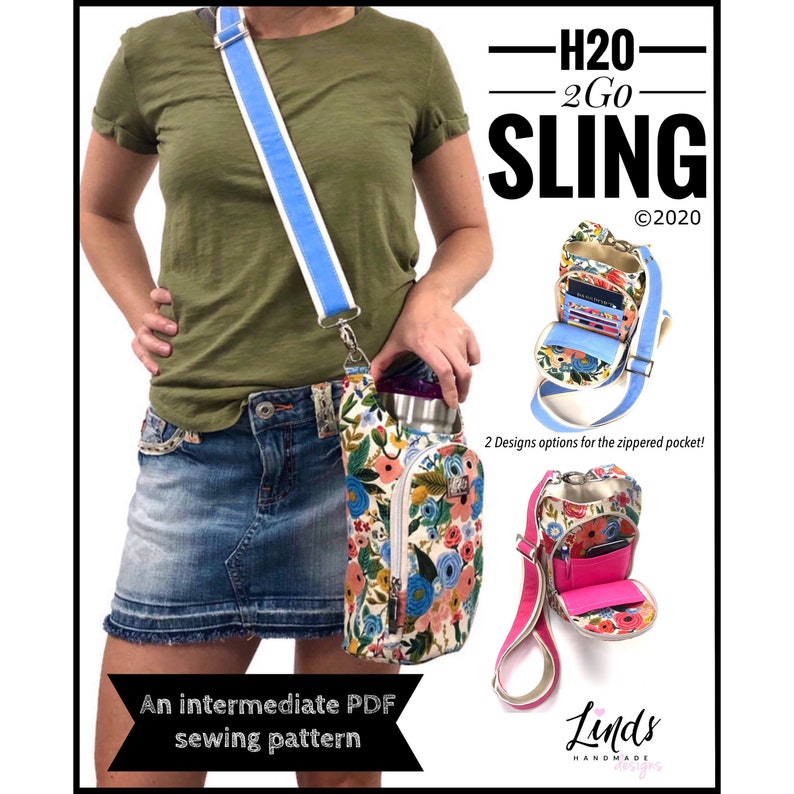 H20 2GO Sling PDF sewing pattern includes SVGs, waterbottle holder, beverage purse, linds handmade design, DYI waterbottle holder image 1
