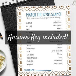 Roaring 20s Match-the-Slang-spel afdrukbaar voor Gatsby Art Deco bruidsdouche