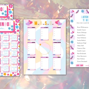 Puede incluir: Tres tarjetas de juego imprimibles con un esquema de color rosa y azul. La primera tarjeta es una tarjeta de bingo para invitados con el texto "Encuentra una dama que..." y una cuadrícula de casillas con varias indicaciones. La segunda tarjeta es una tarjeta de juego "MASH" con una cuadrícula de casillas para escribir respuestas. La tercera tarjeta es una tarjeta de juego "Mira a la actriz en su comedia romántica" con una lista de actrices y sus comedias románticas correspondientes.