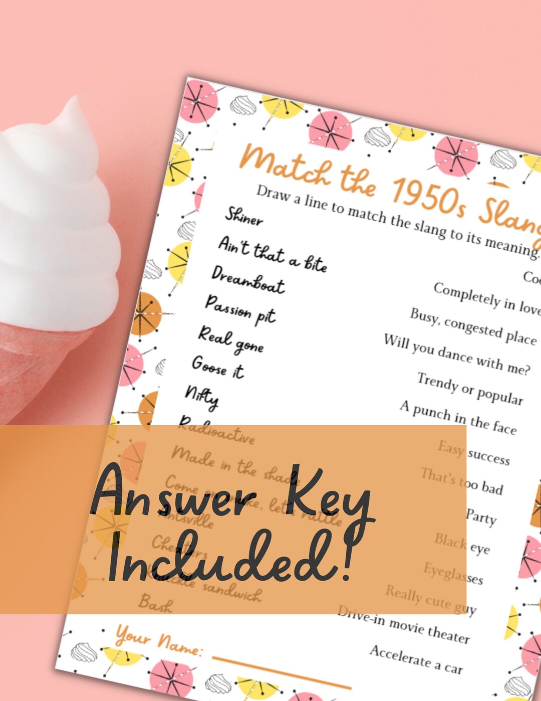 Scooped Up 1950s Matchtheslang Game Printable for Ice Cream Bridal