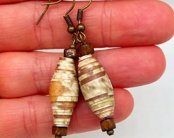 Brown and Tan Paper Bead Earrings, Handmade Paper Bead Earrings, Boho Dangle Earrings, Colorful Paper Bead Jewelry, Eco-Friendly Earrings