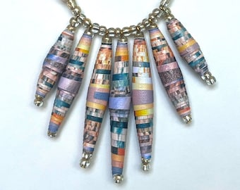 Colorful Paper Bead Necklace, Trendy Paper Bead Jewelry, Lightweight Statement Necklace, Repurposed Jewelry, Gift for a Friend