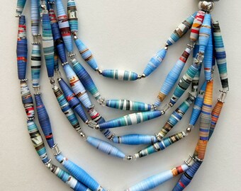 Mixed Bead 7 Strand Statement Necklace, Layering Chunky Necklace, Colorful Paper Bead Jewelry, Trendy Boho Necklace, Sustainable Jewelry