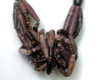 Bronze and Brown Chunky Bead Necklace, Multistrand Statement Necklace, Colorful Paper Bead Jewelry, Lightweight Necklace, Recycled Beads