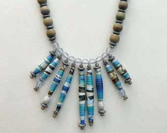 Blue and Silver Single Strand Necklace, Paper Bead Statement Necklace, Colorful Bead Jewelry, Lightweight Necklace, Eco-Friendly Jewelry