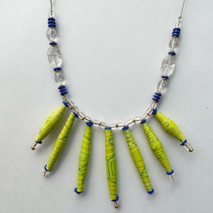 Lime Green Mixed Bead Bib Necklace, Multicolor Paper Bead Jewelry, Lightweight Statement Necklace, Sustainable Jewelry, Trendy Necklace