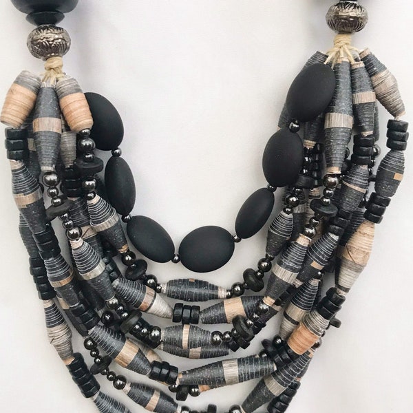 Black Bold Statement Bead Necklace, Multi Stand Lightweight Necklace, Handmade Trendy Boho Jewelry, Birthday Gift For Her, Chunky Necklace
