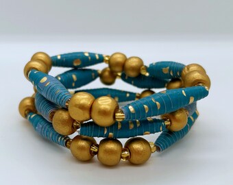 Blue and Gold 3 Piece Stack Bracelets, Mixed Bead Layering Bracelets, Colorful Paper Bead Jewelry, Trendy Statement Jewelry, Recycled Beads