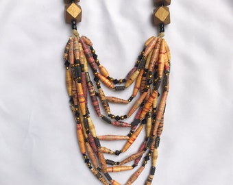 Black and Gold Multistrand Bead Necklace, Mixed Bead Statement Necklace, Chunky Layering Necklace, Paper Bead Jewelry, Long Necklace