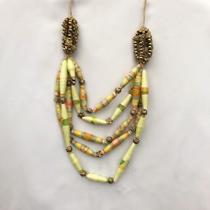 Green and Gold Mixed Bead Necklace, Layered Chunky Necklace For Women, Colorful Paper Bead Jewelry, Multistrand Statement Necklace