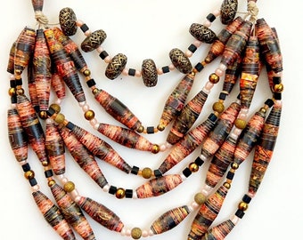 Black and Gold 8-Strand Bead Necklace, Multicolor Paper Bead Jewelry, Layering Statement Necklace, Lightweight Necklace, Recycled Beads