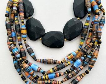 Black and Gold Accent 6 Strand Necklace, Layering Paper Bead Necklace, Colorful Statement Bead Jewelry, Trendy Boho Necklace, Recycled Beads