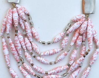 Pink and White 7-Strand Mixed Bead Necklace, Long Layering Statement Necklace, Multicolor Paper Bead Jewelry, Lightweight Chunky Necklace