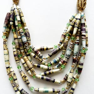 Gold and Green Long Layering Necklace, Multicolor Statement Bead Necklace, Handmade Paper Bead Jewelry, Chunky Stacking Necklace