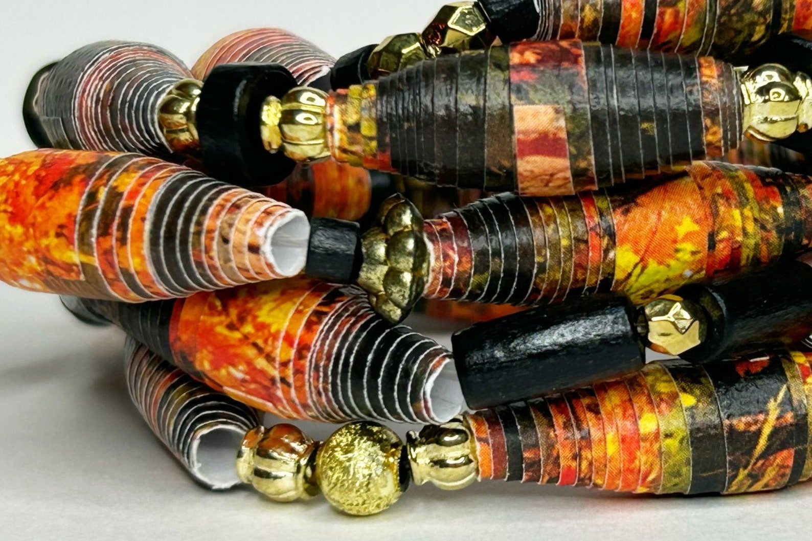 Black and Gold Bead Bracelets, 5 Piece Layering Bracelets, Paper Bead