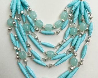 Light Blue 8-Strand Bead Necklace, Multi-Strand Statement Necklace, Colorful Paper Bead Jewelry, Chunky Lightweight Necklace, Boho Jewelry