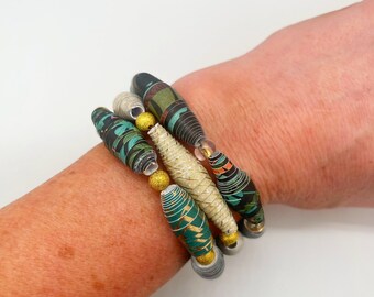 Black & Gold Paper Bead Bracelet Set: Trendy Stacking Jewelry