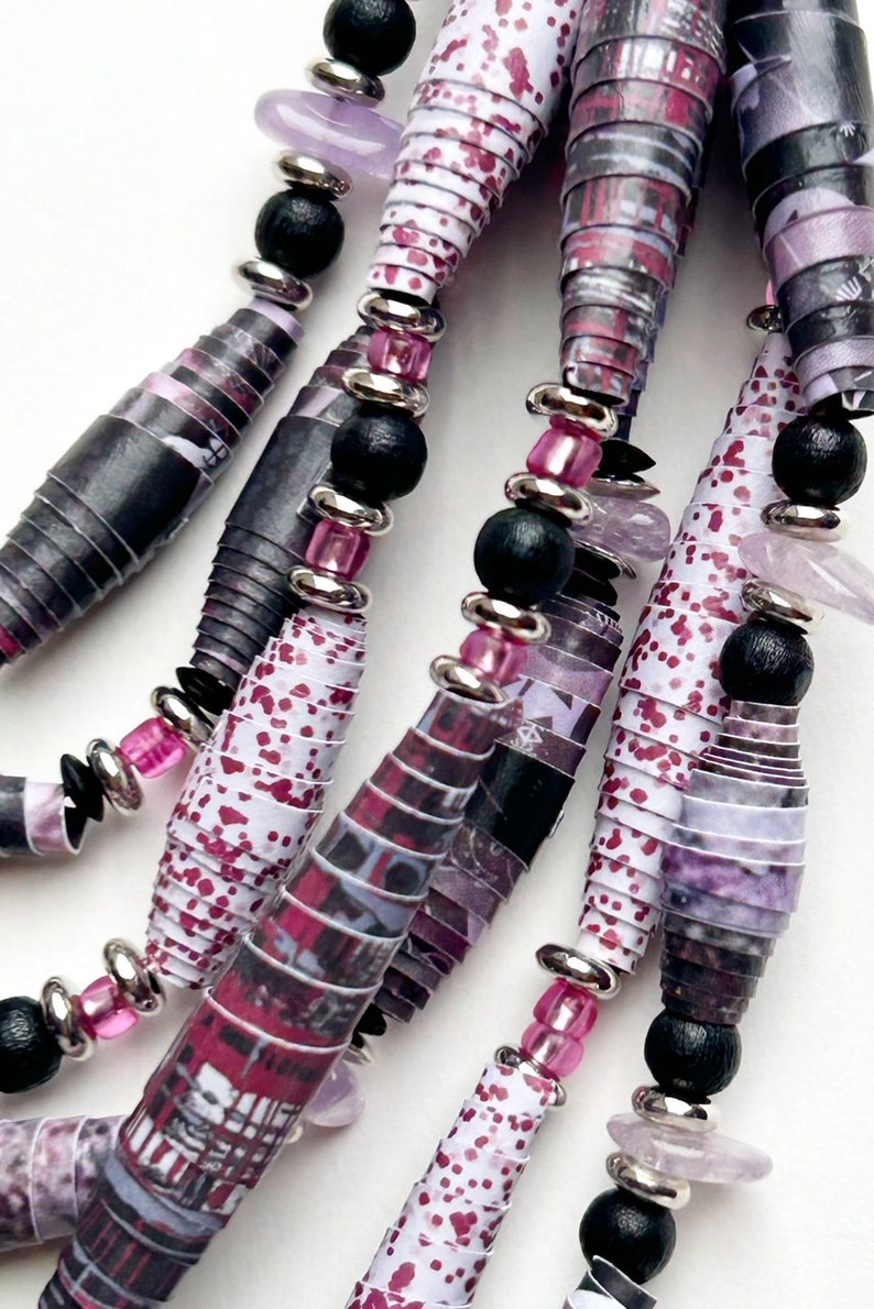 Black and Fuchsia 7-Strand Bead Necklace, Multicolor Statement Necklace, Handmade Paper Bead Jewelry, Lightweight Layering Necklace image 7