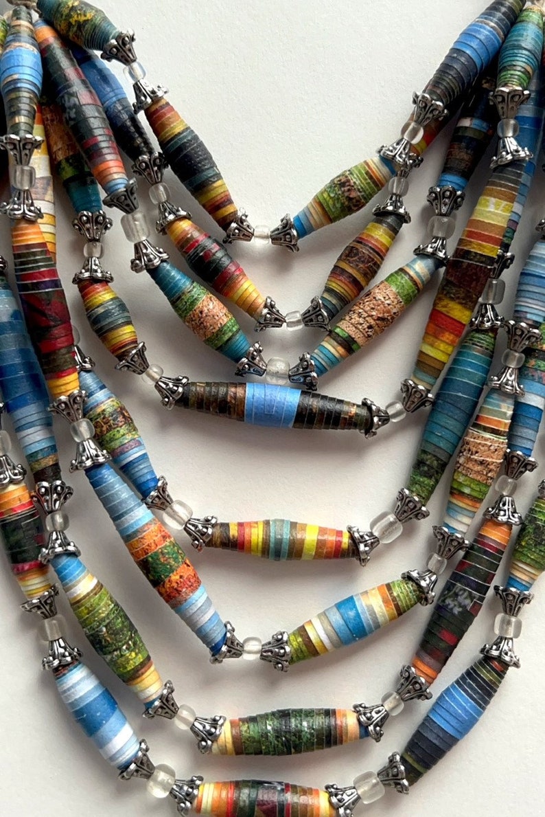 8-Strand Mixed Bead Necklace, Big Bold Statement Necklace, Colorful Paper Bead Jewelry, Chunky Layering Necklace, Trendy Boho Jewelry Bild 8