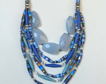 Blue and Silver Layering Statement Necklace, Trendy Paper Bead Jewelry, Multistrand Colorful Bead Necklace, Sustainable Jewelry, Necklace