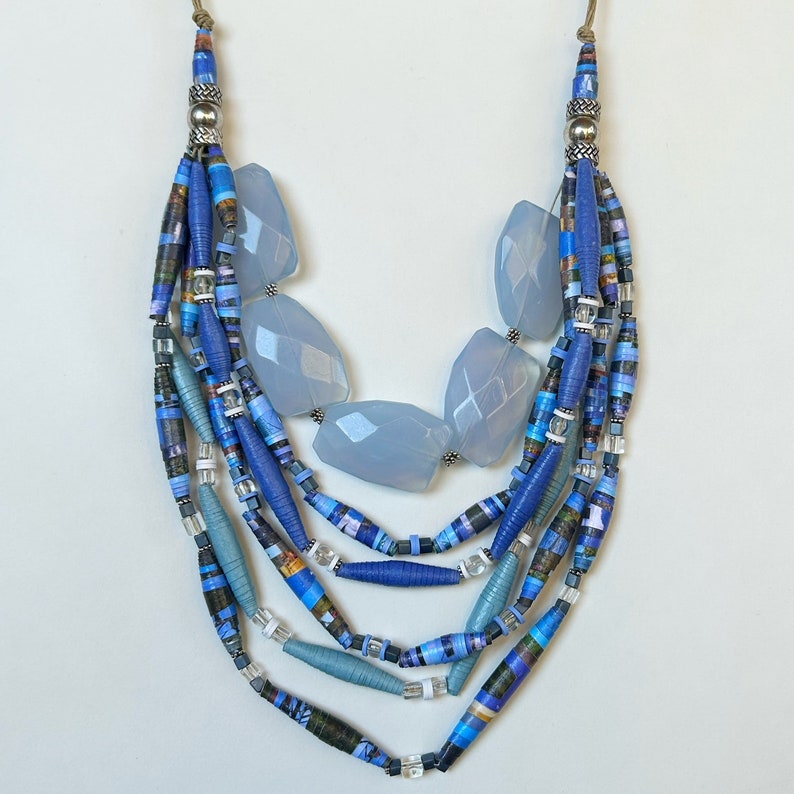 Blue and Silver Layering Statement Necklace, Trendy Paper Bead Jewelry, Multistrand Colorful Bead Necklace, Sustainable Jewelry, Necklace afbeelding 1