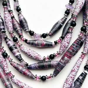 Black and Fuchsia 7-Strand Bead Necklace, Multicolor Statement Necklace, Handmade Paper Bead Jewelry, Lightweight Layering Necklace image 6