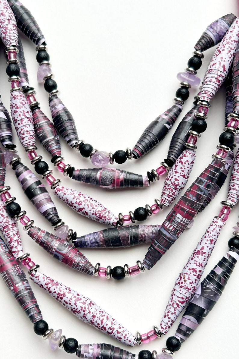 Black and Fuchsia 7-Strand Bead Necklace, Multicolor Statement Necklace, Handmade Paper Bead Jewelry, Lightweight Layering Necklace image 6