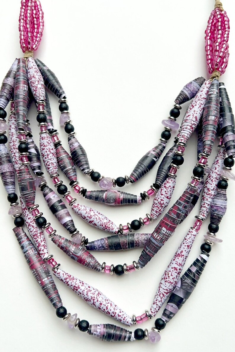 Black and Fuchsia 7-Strand Bead Necklace, Multicolor Statement Necklace, Handmade Paper Bead Jewelry, Lightweight Layering Necklace image 4