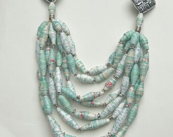 Mint Green 8-Strand Statement Necklace, Handmade Paper Bead Jewelry, Chunky Lightweight Necklace, Trendy Boho Jewelry, Mixed Bead Necklace