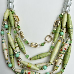 Lime Green and Gold Chunky Statement Necklace, Multicolor Paper Bead Necklace, Trendy Handmade Jewelry, Lightweight Necklace, Recycled Beads