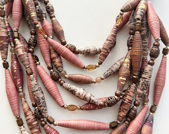 Pink and Bronze Multistrand Necklace, Long Layering Bead Necklace, Colorful Paper Bead Jewelry, Handmade Statement Necklace, Recycled Beads