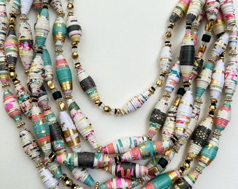 Colorful Multistrand Statement Necklace, Black Gold Bead Necklace, Trendy Paper Bead Jewelry, Chunky Layering Necklace, Lightweight Necklace