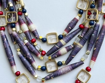 Handmade Paper Bead Statement Necklace: Multicolor 6-Strand Jewelry