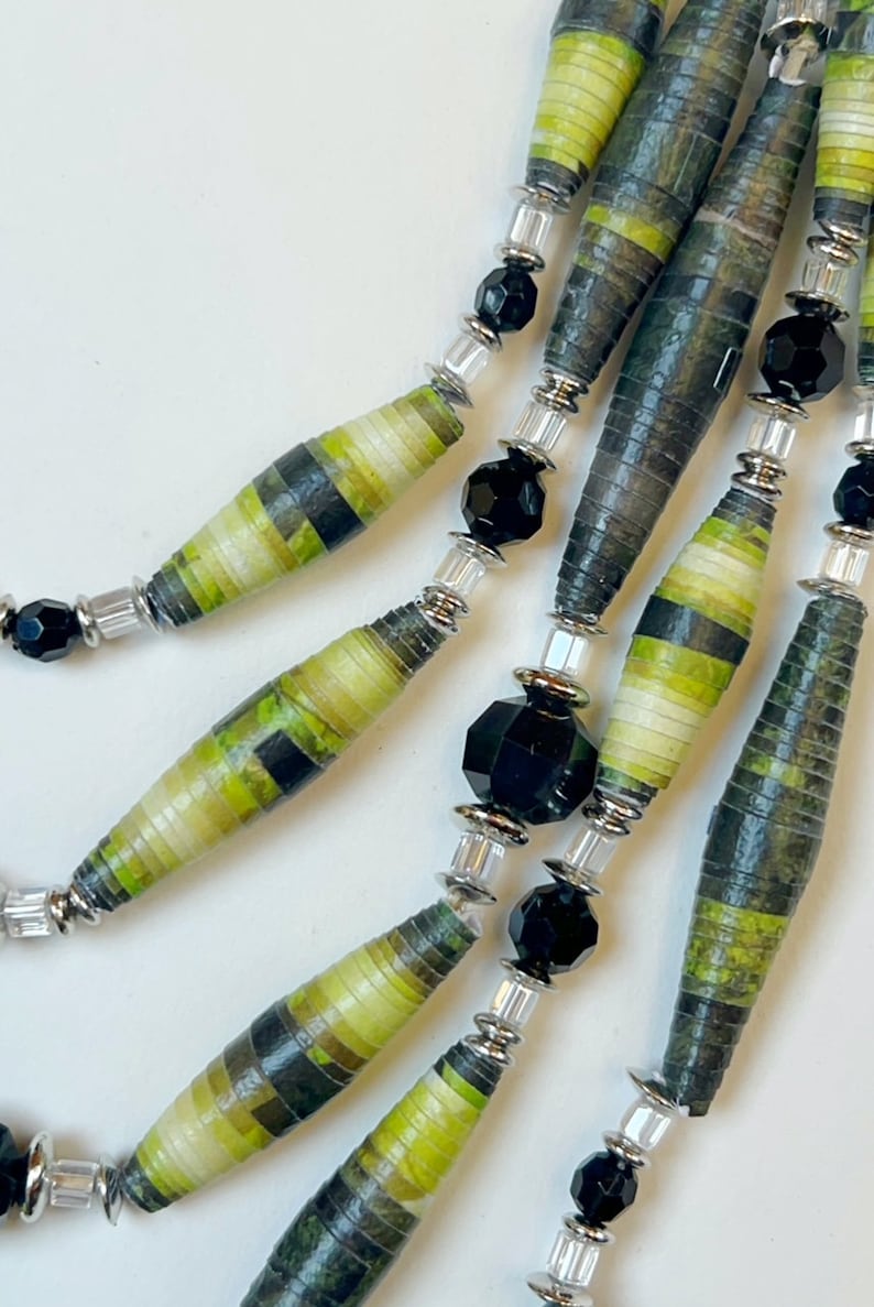 Green and Black Long Layering Bead Necklace, Multicolor Statement Bead Jewelry, Multistrand Statement Necklace, Sustainable Jewelry image 9