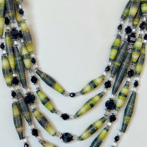 Green and Black Long Layering Bead Necklace, Multicolor Statement Bead Jewelry, Multistrand Statement Necklace, Sustainable Jewelry image 10