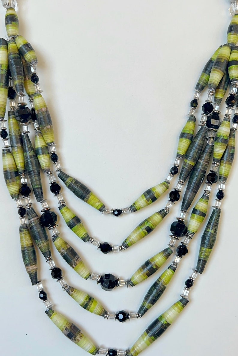 Green and Black Long Layering Bead Necklace, Multicolor Statement Bead Jewelry, Multistrand Statement Necklace, Sustainable Jewelry image 10