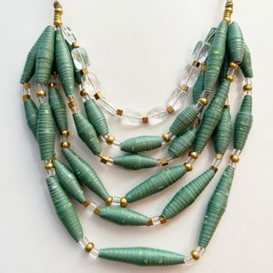 6-Strand Green and Gold Necklace, Multi-Strand Mixed Bead Necklace, Colorful Paper Bead Jewelry, Lightweight Chunky Necklace, Boho Necklace