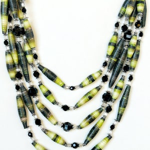 Green and Black Long Layering Bead Necklace, Multicolor Statement Bead Jewelry, Multistrand Statement Necklace, Sustainable Jewelry image 1