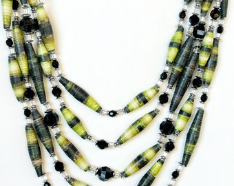 Green and Black Long Layering Bead Necklace, Multicolor Statement Bead Jewelry, Multistrand Statement Necklace, Sustainable Jewelry