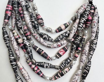 Black and Pink Long Layering Necklace, Multistrand Paper Bead Necklace, Multicolor Statement Jewelry, Sustainable Jewelry, Gifts for Women