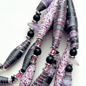 Black and Fuchsia 7-Strand Bead Necklace, Multicolor Statement Necklace, Handmade Paper Bead Jewelry, Lightweight Layering Necklace image 2