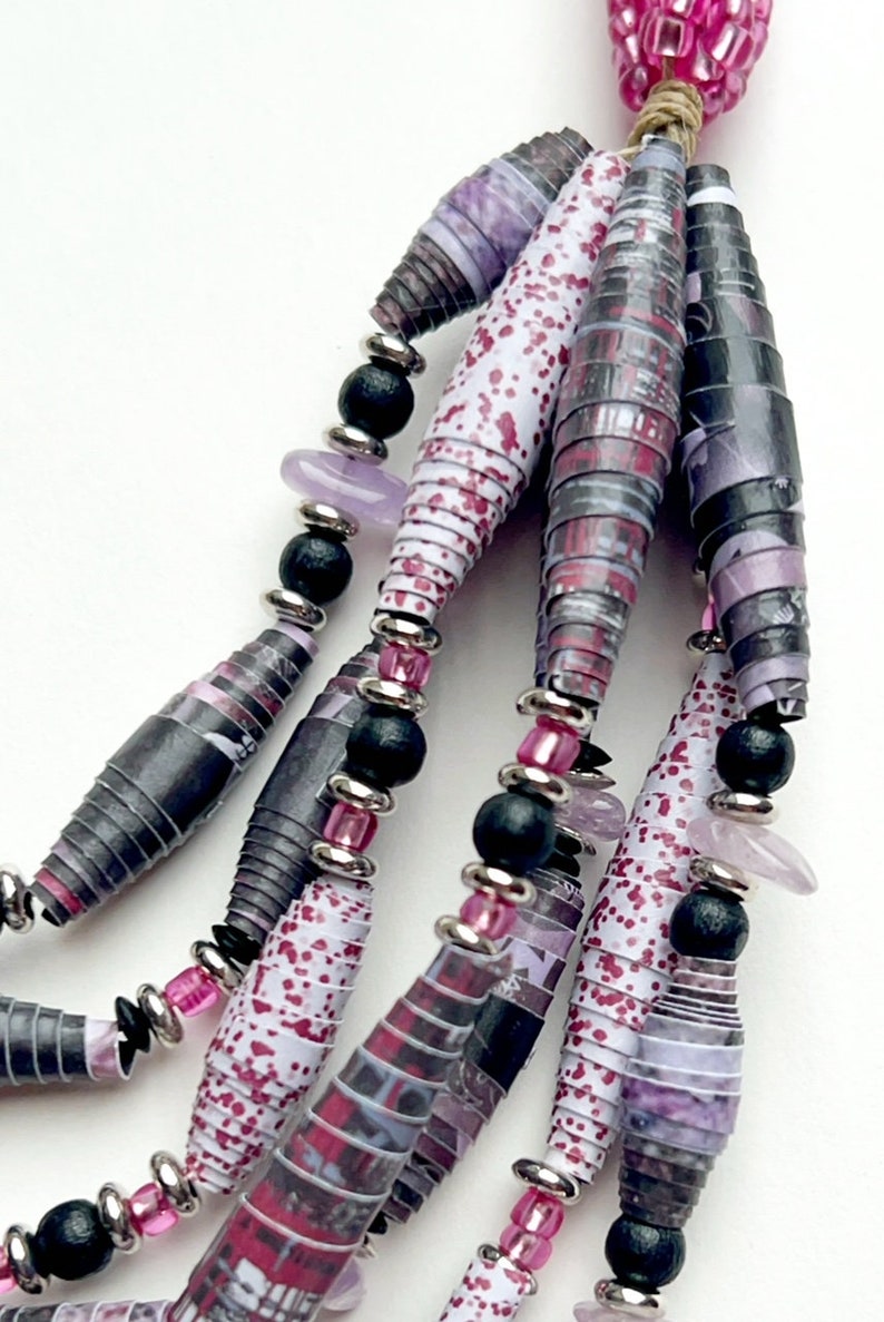 Black and Fuchsia 7-Strand Bead Necklace, Multicolor Statement Necklace, Handmade Paper Bead Jewelry, Lightweight Layering Necklace image 2