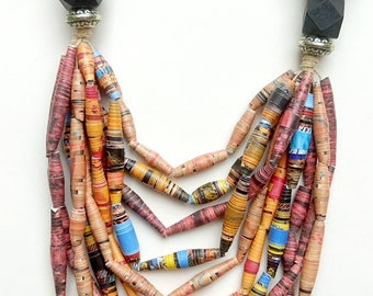 Long Layering Statement Necklace, Colorful Paper Bead Jewelry, Trendy Boho Necklace, Chunky Mixed Bead Necklace, Eco-Friendly Jewelry