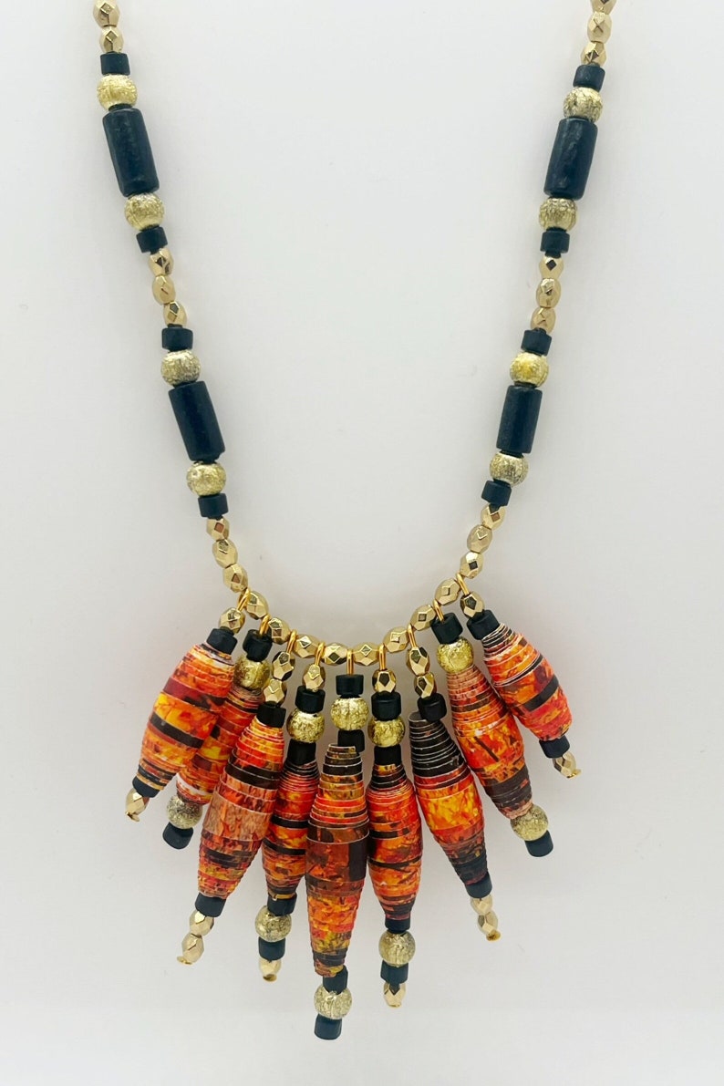 Black and Gold Bead Bracelets, 5 Piece Layering Bracelets, Paper Bead Statement Jewelry